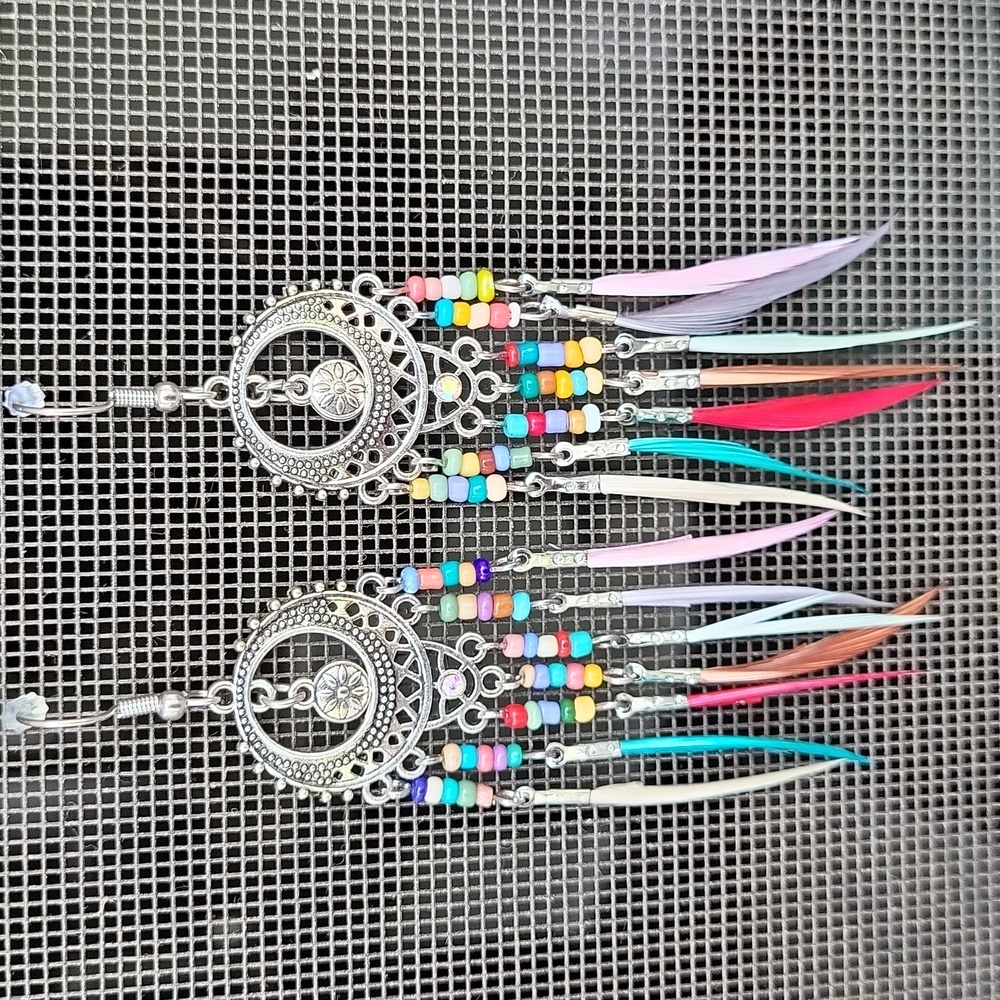 Boho chic rainbow feather hippie festival earrings